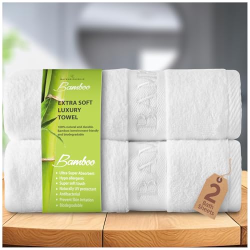 GC GAVENO CAVAILIA Bamboo Bath Sheet Extra Large (80x140cm) - 500 GSM Super Water Absorbent Towels Large Bamboo Towels 2 Pack (60% Bamboo, 40% Cotton) - Extra Soft Towel Bath Sheets - White