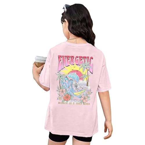 Image of KEEVICI Cute Girls Graphic Tees Beach Kids Hawaiian T Shirt Summer Cotton Letter Print Short Sleeve Shirts Vacation Tops