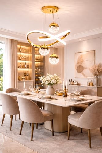 Image of Premium Three Loop Curved LED Stylish Gold Finish with 3 Different Color Mode (Warm White, Cool White, Neutral White) Chandelier with Height Adjustable Hanging for Bedroom, Living, Dining, Etc