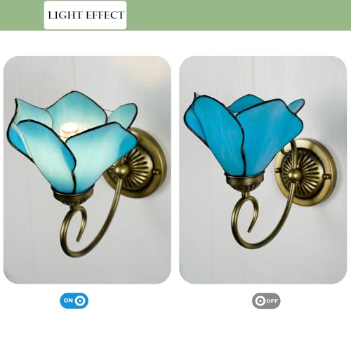Image of Tiffany Style Wall Sconce, Flower Shaped Wall Light, Stained Glass Wall Lamp for Entrance, Bedroom, Hallway in Blue