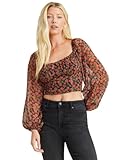 ALTAR'D STATE Women's Margot Top, Long Sleeve Fitted Floral Square Neck Top, Bow-Tied Back Shirt, Black and Red Floral Print, Small