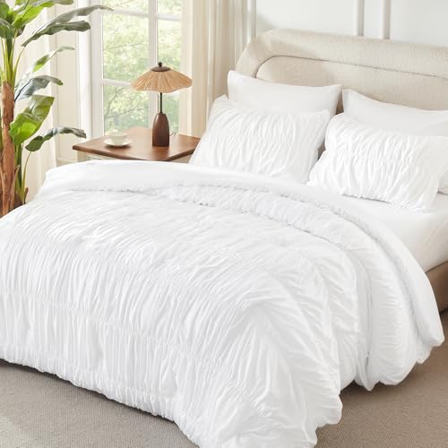 Image of Andency Ruched White Full Size Comforter Sets, Shabby Chic Pleatd Bedding Sets 3 Pieces, Lightweight Soft Boho Ruffle Bed Set for Girls, Kids, Women, All Season