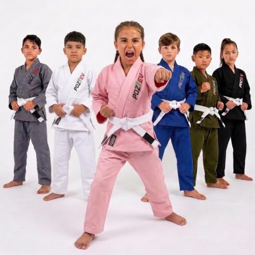 POZTEV Kids Brazilian Jiu Jitsu Gi for Kids BJJ Gi Youth Grappling Kimonos Preshrunk Lightweight Children Martial Arts Training Uniform with Free White Belt (P,K1)
