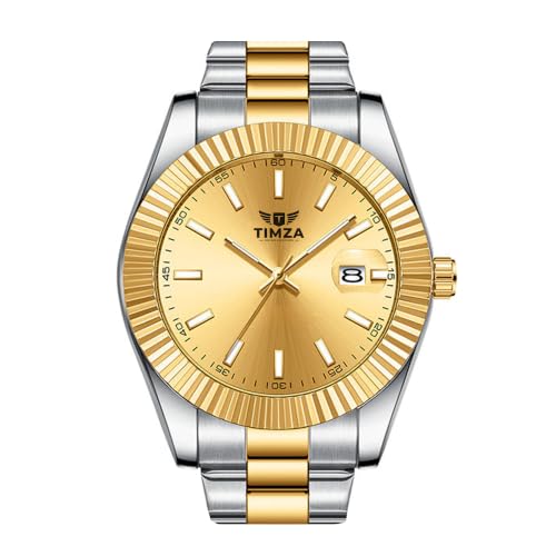 Image of Men's Analog Watch with Gold Sunray Dial, Fluted Bezel, Stainless Steel Two Tone Strap, Date Display & Quartz Movement