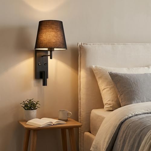 BARCELONA LED Arandela preta com luz dupla e interruptor duplo, cúpula de tecido, spot LED ajustável para leitura, moderna para quarto, escritório, escada, sala de jantar, café