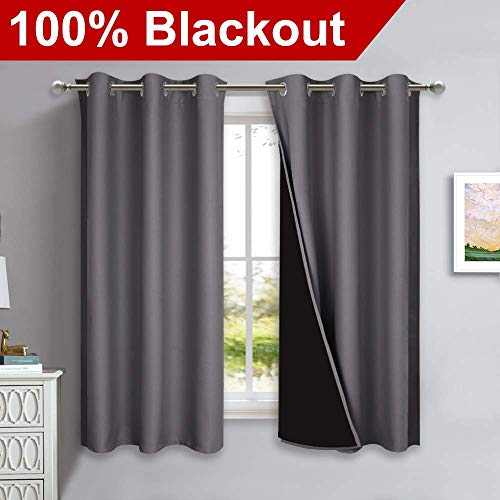 Image of NICETOWN 100% Blackout Curtains with Black Liners, Thermal Insulated Full Blackout 2-Layer Lined Drapes, Energy Efficiency Window Draperies for Bedroom (2 Panels, 42 inches W by 63 inches L, Grey)