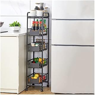 Fruit Vegetable Storage Cart Kitchen Seasoning Storage Trolley Wrought Iron Slot Rack with Wheels Floor-standing Fruit and Vegetable Basket Tableware Rack Vegetable Basket Bins Rack ( Color : Black 5