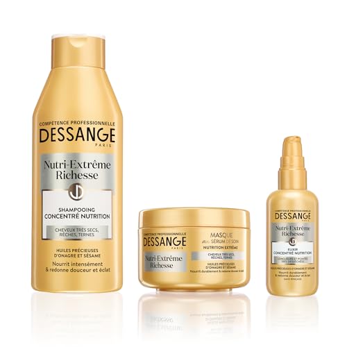 Dessange – Estuche nutri-extrema riqueza – champú nutritivo + máscara capilar + elixir concentrado nutrición – nutre intensamente y reda suavidad – para cabello muy seco, sueco, aburrido