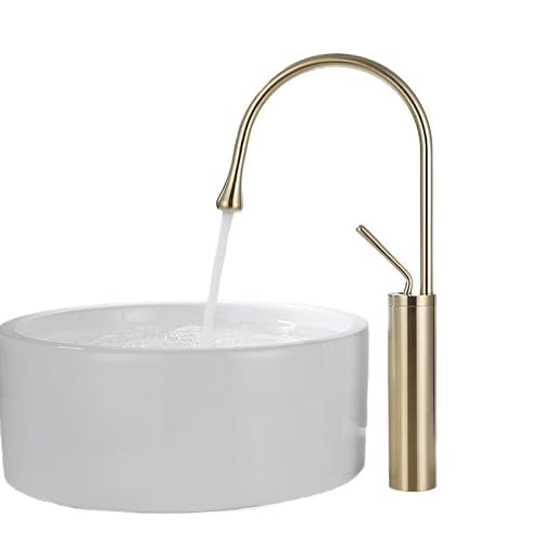 Lyvqzpwlr Brushed Gold High Bathroom Basin Pillar Taps, Brushed Brass Drop Style Basin Faucet Hot Cold Mixer Tap 360 Swivel Waterfall Multicolor(Brushed Gold High)
