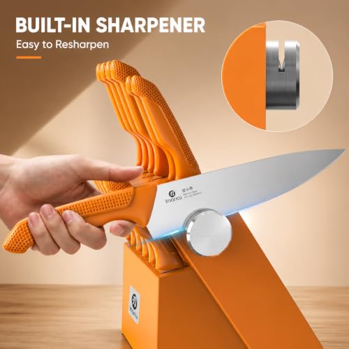 Image of imarku 14-piece Japanese knife set, sharp, non-slip, gift box, yellow | High-carbon stainless steel, built-in sharpener, space-saving design, ideal for everyday cooking and as a gift