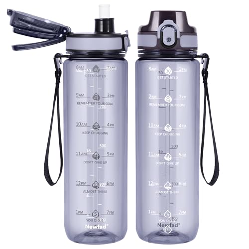 Newfad 32 oz Water Bottle with Detachable Straw, Clear Motivational Water Bottles with Time to Drink, Tritan & BPA Free Sports Water Jug with Time Marker, Upgraded handle design