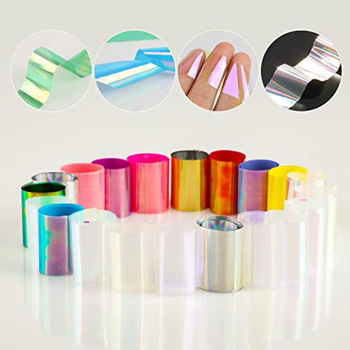 MWOOT 20 Rolls Nail Glass Mirror Paste Foils Set,Holographic Nail Art Iridescent Cellophane Glitter Film Foils,Manicure DIY Nail Stickers Decal Decoration (2.5cm x 50cm) - Image 2