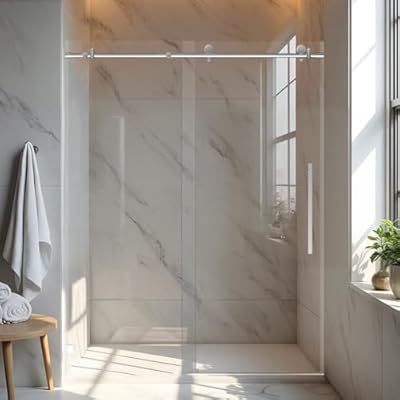 Botwinkle Shower Door 56-60" W x 76" H, Single Sliding Design Frameless Glass Shower Door, 5/16"(8mm) SGCC Tempered Glass Bathroom Sliding Door, 304 Stainless Steel Hardware, Chrome Silver Finish