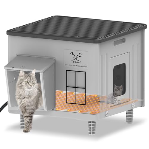 Indestructible Heated Cat House for Outdoor Cats in Winter, 100% Waterproof & Weatherproof Heated Cat House for Outside, Fully Insulated Feral Cat Shelter for Outdoor Barn Strays, 17.7 x 17 x 17.5 in