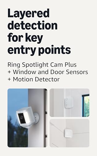 Image of Ring Spotlight Cam Plus, Battery, White with 2 Window and Door Sensors (newest model) and Motion Detector (newest model)