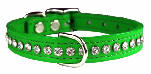 Image of Signature Leather Crystal Dog Collar, Emerald Solid Grain Leather, Fits 9.5 inch-11.5 inch Neck Size, 14 inch Overall Length