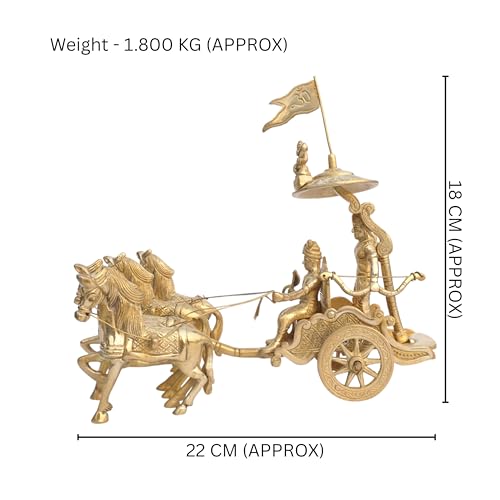 Image of Arjuna Rath Geeta Mahabharat Chariot with Krishna Ji and Hanuman Ji Brass Statue | 7 Inch | Vastu Remedy | Vastu Pital Showpiece | Decorative Arjuna Rath with Four Horses