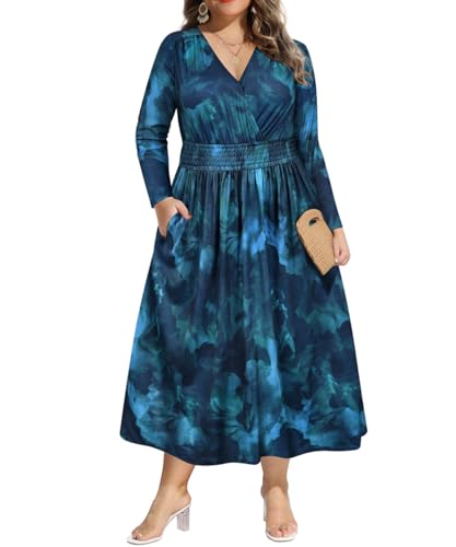 CARCOS Plus Size Dresses for Curvy Women V Neck Fall Maxi Dress Long Sleeve Floral Boho Dress Smocked Waist Party Dress