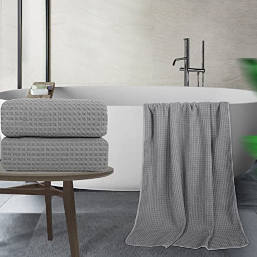 POLYTE Microfiber Oversize Quick Dry Lint Free Bath Towel, 60 x 30 in, Set of 2 (Gray, Waffle Weave)