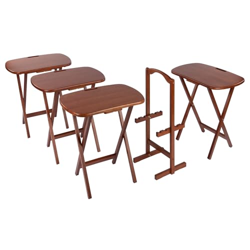 Image of Winsome Lucca Set of 4 Foldable Snack Tables with Storage Rack, Teak | Easy to Store Portable Fold Up Table Set for Kitchen, Living Room TV Dining, Crafts, Puzzles, Work From Home