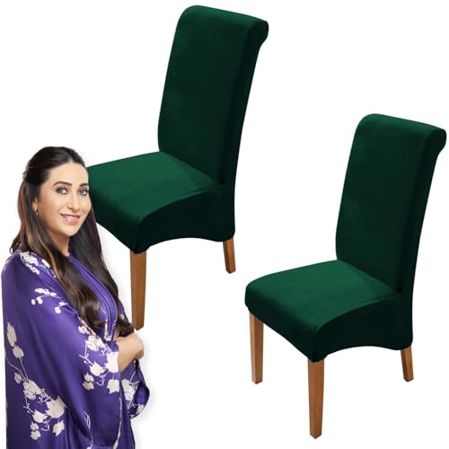 Image of HOKIPO Velvet Chair Covers for Long Back Dining Chair, Set of 2, Hunter Green (AR-4760-HGR*2)