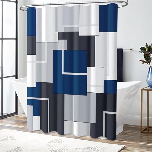 BTTN Navy Blue Fabric Shower Curtain - Geometric Water Repellent Shower Curtain Set, Machine Washable, Modern Decorative Polyester Cloth Shower Curtains for Bathroom - 72x72