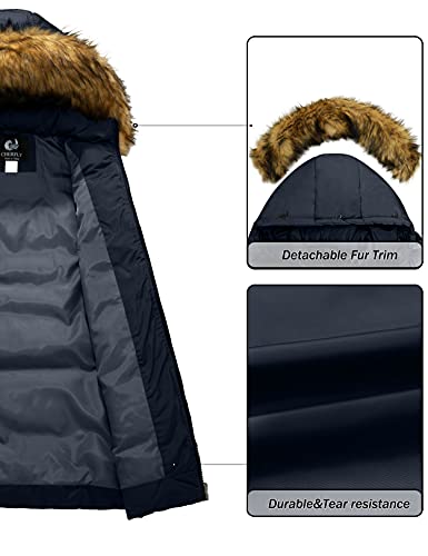 CHERFLY Women's Cotton Winter Coat Thicken Warm Long Jacket with Fur Trimmed Hood (Navy,X-Large)
