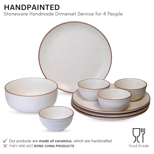 Image of Ribbed Ceramic Plates for Dinner with Katoris (9 Pieces, 4 Bowl & 4 Plates and 1 Large Serving Bowl Dishwasher & Microwave Safe) -Dinner Sets Ceramic Bowls Set Dinnerware Sets White