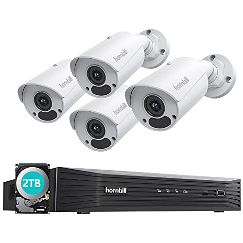 4K PoE Security Camera System Hornbill 8MP Security Camera System Outdoor 4K Home Security System 8CH 4Pcs Wired IP Cameras with Night Vision 2TB Hard Drive