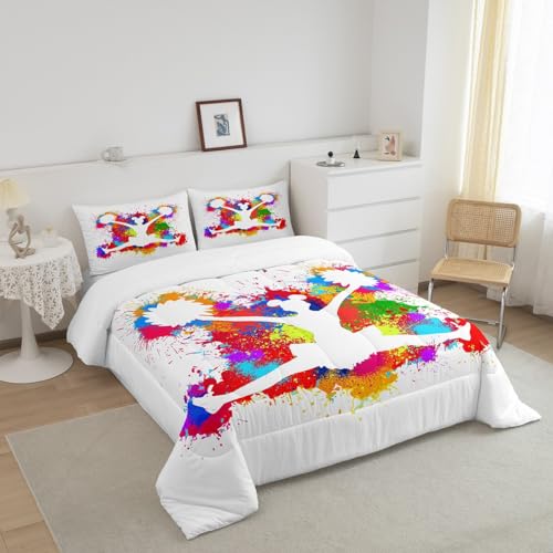 Image of Feelyou Colorful Cheerleader Comforter Set Cheerleading Comforter for Kids Boys Girls Cheer Team Bedding Set Breathable Gymnastics Lovers Duvet Set Room Decor Quilt Set Full Size