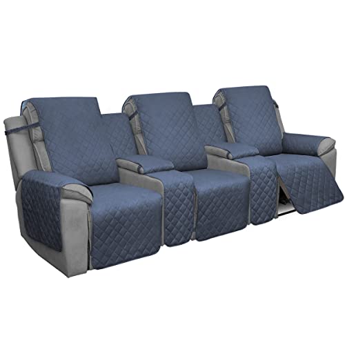 Image of Easy-Going Recliner Sofa Cover with Console, Reversible Couch Cover for Living Room, Split Sofa Cover for Each Seat with Elastic Straps for Kids, Dogs, Pets (3 Seater, Dark Blue /Light Blue)