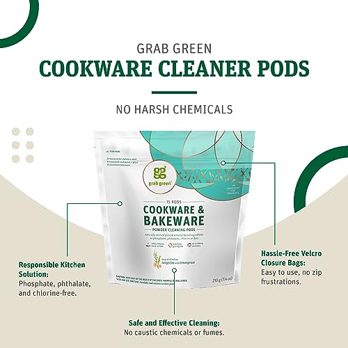 Grab Green Cookware And Bakeware Cleaner Pods, 4 Bags Of 15 Pods, Tangerine Lemongrass Scent, Plant And Mineral Based, Removes Burnt-On Food, Eliminates Grit And Grime, No Scrubbing Necessary #TOP2
