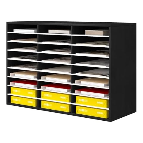 Senhoglb 27 Compartments Mail Sorter Organizer, Sturdy Paper Storage Organizer, Letter Size Wood File Organizer, Desktop Organizer Store Document with Adjustable Shevles for Office, Black&White Cover