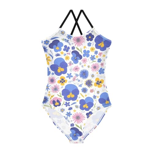 The Garden Tricolor Pansy Flower Kids Girls 1 Piece Swim Suit Beach Swimwear with Adjustable Straps UPF 50+