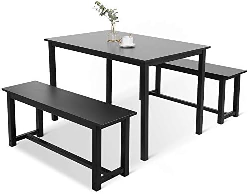 BAHOM 3 Pieces Kitchen Dining Table with Bench Set for 2 Solid Wooden Tabletop and Steel Support Structure for Home, Kitchen, Dining Room (Black, 1pc)
