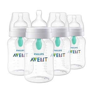 Philips Avent Anti-Colic Baby Bottle with AirFree Vent, 9oz, with Flow 2 Nipples, 1m+, 4pk, Clear, SCY703/04