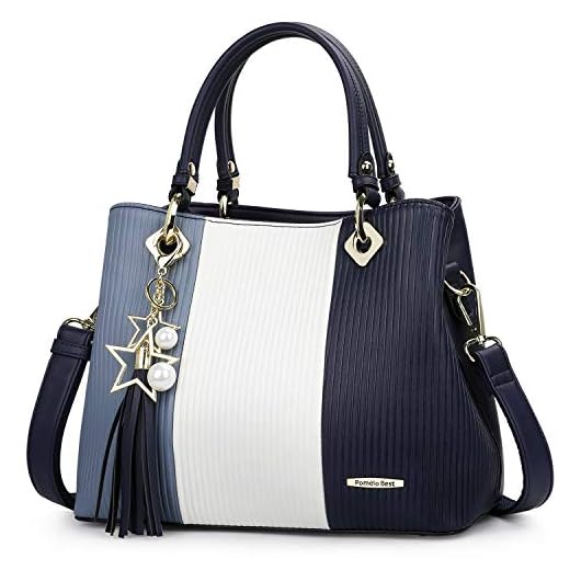 Pomelo Best Bolsos de Mujer, Bolso Señora Tote Multicolor Rayas PU Cuero Con Flecos Bolso Hombro Bolso Shopper perfecto para Trabajo, Diario Vida, Navidad y Fiesta ect (Azul)