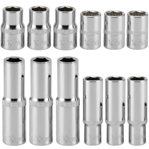 SELMAIDY 12 Pcs 10mm Deep & Shallow Socket Set 1/4-Inch & 3/8-Inch Drive 6-Point Impact Socket for Electric Wrenches Car Repair Mirror Chrome Finish