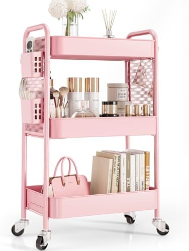 Yaheetech 3 Tier Durable Metal Multi-Purpose Rolling Utility Cart Rolling Storage Craft Cart Kitchen Cart With Handle And Locking Wheels For For Office Bathroom Kitchen Laundry White
