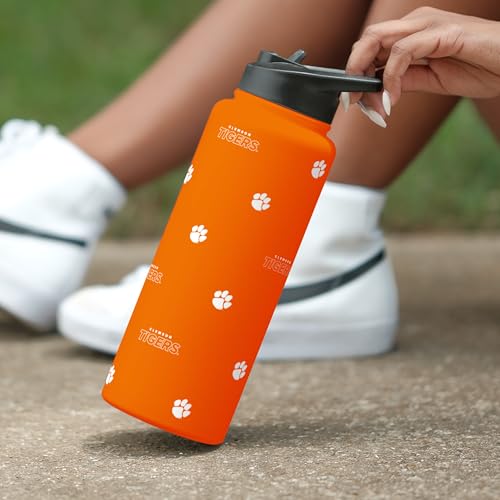 Image of Logo Brands NCAA Clemson Tigers Step & Repeat 34 oz Stainless Steel Quencher Bottle - All Over Logo Design, No-Spill Lid, Easy Carry Handle - Keeps Drinks Cold For Hours