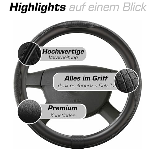 Upgrade4cars Lenkradbezug Leder-Optik Schwarz | Lenkradhülle Universal 37-38 cm für Sommer & Winter | Autozubehör Innenraum Geschenk-Ideen | Geschenke für Frauen und Männer
