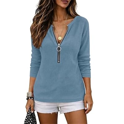 Women Half Zip Waffle Knit Tops Long Sleeve Comfy Breathable Sweatshirt Trendy Street Fall Winter Pullover Tops Blue