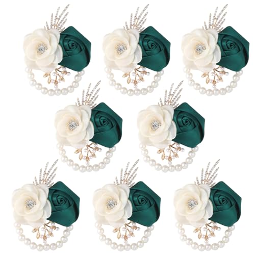 Ljxoaieu Bride Bridesmaids Rose Wrist Corsage Girls Ladies Accessories,Wrist Flower for Prom, Homecoming Dinner Parties, Weddings. (8, Emerald Green)
