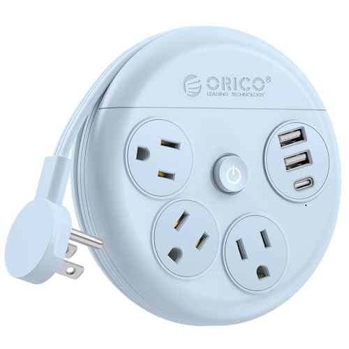 Image of ORICO Power Strip with USB Ports, 4Ft Wrapped Extension Cord with Multiple Outlets, 3 Outlets & 3 USB Ports (1 USB C), Flat Plug Power Strip for Cruise /Home /Office /Dorm Essentials, Blue