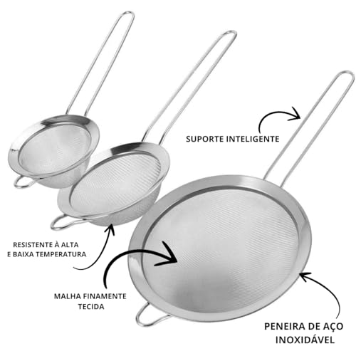 kit Conjunto 3 Peneiras em Aço Inox Resistente 12/13,8/17,8cm Durável Coar Polvilhar com Suporte par