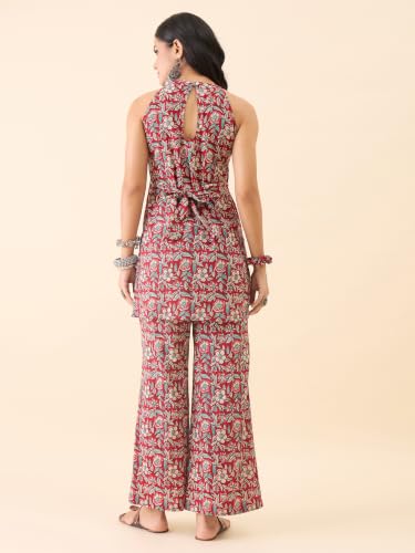 Image of Women's Floral Printed Kurti and Palazzo Set | Sleeveless Ethnic Co-Ord Set