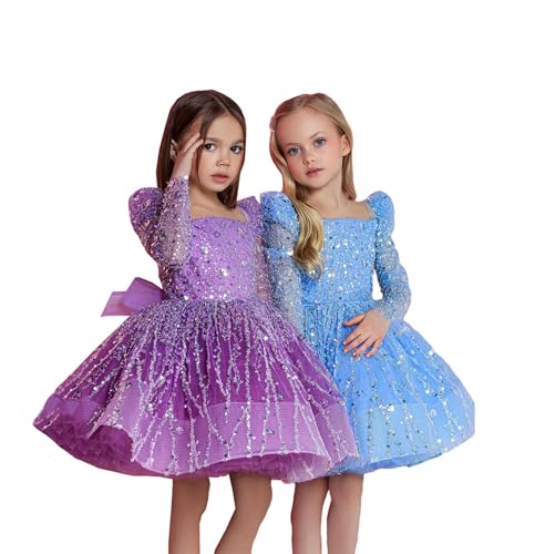 Sequin Flower Girl Dresses 2025 Sparkly Short Pageant Dress Long Sleeves Birthday Party Dress with Bow