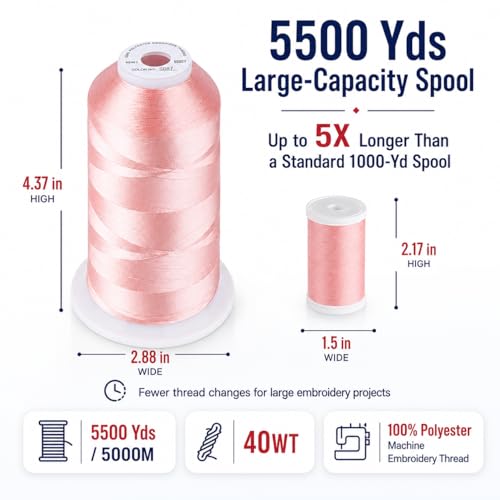 Image of Simthread 5500Yds 40WT Polyester Embroidery Thread Md Peachy Pink S087 | High-yardage 5000M spool offers smooth feeding and stable 40WT polyester thread for home and commercial embroidery machines.