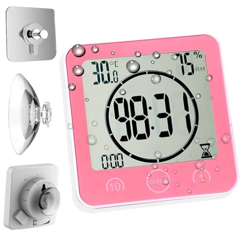 Timer Waterproof for Shower, Water Resistant Bathroom Wall Clock with Suction, Large Countdown Visual Timer for Kids, Digital Outdoor Hanging Clock with Temperature and Humidity Display (Pink)