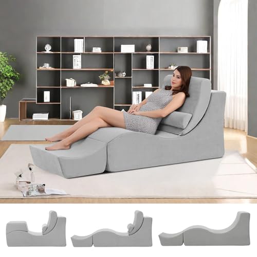 Yoga Chaise Lounge Indoor, Ergonomic Reading Chair for Adults, Multifunctional Foam Recliner for Living Room,Adjustable Footrests & Lumbar Support Pillow Yoga Chair Light Gray
